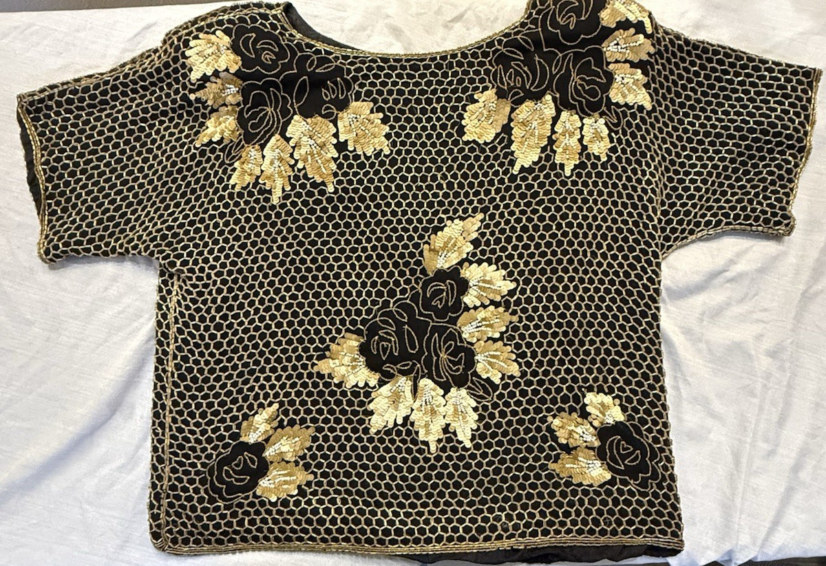 Vintage Jean for Joseph Le Bon 100% Pure Silk Black & Gold Sequin Top Women S