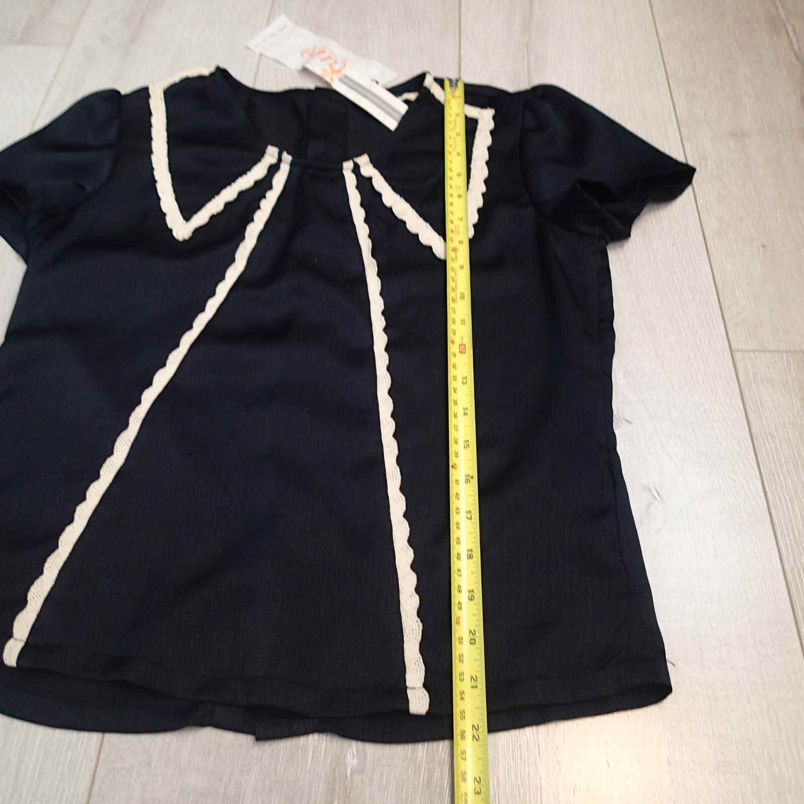 tulle Los Angeles blouse Top Sz m black white lace trim gold tone buttons back
