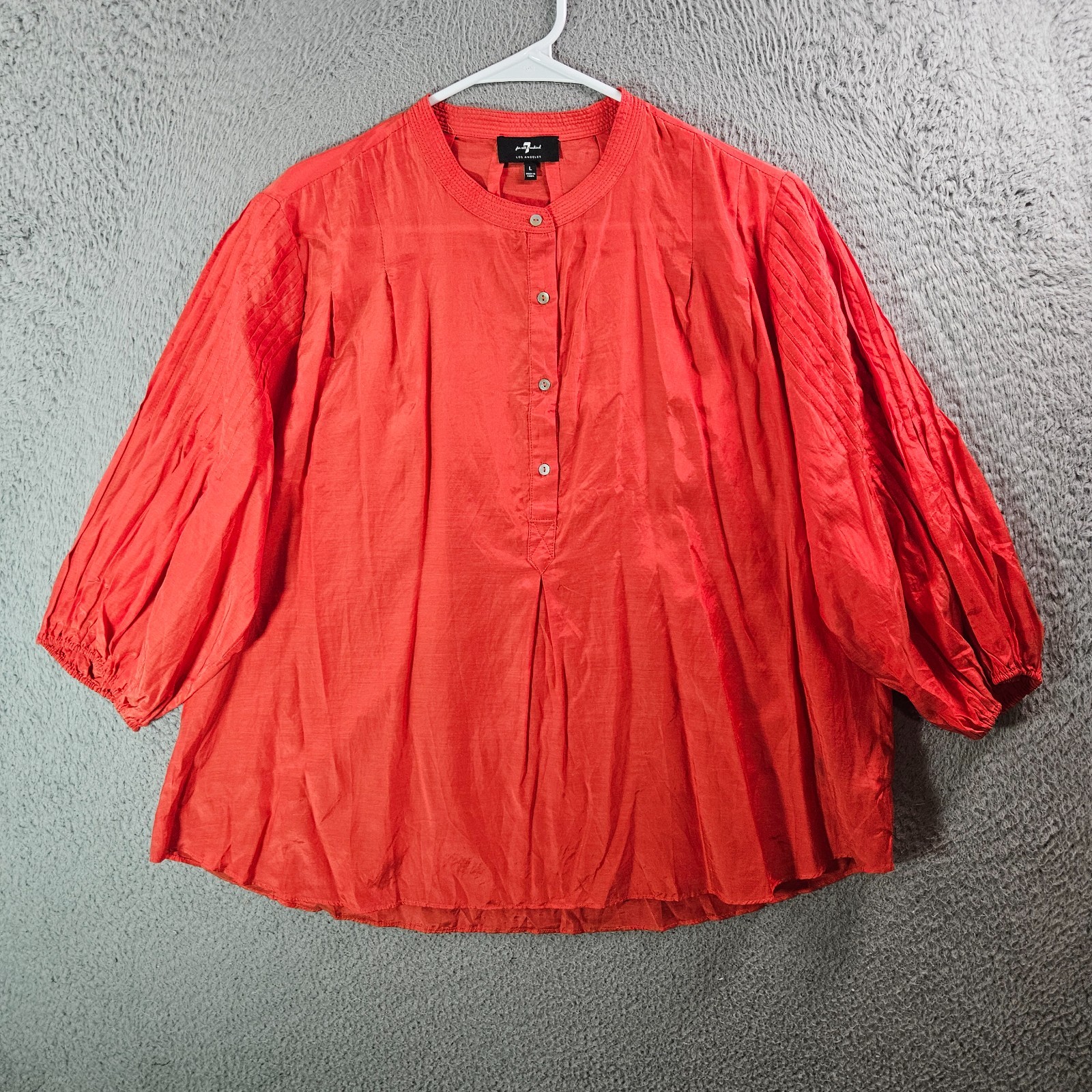 7 For All Mankind Shirt Top Women large Silk Cotton Orange 3/4 Sleeve Soft