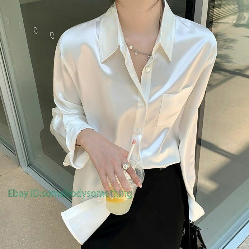 Pocket White Shirts for Women Loose Satin Silk Autumn Long Sleeves Blouse Blusas