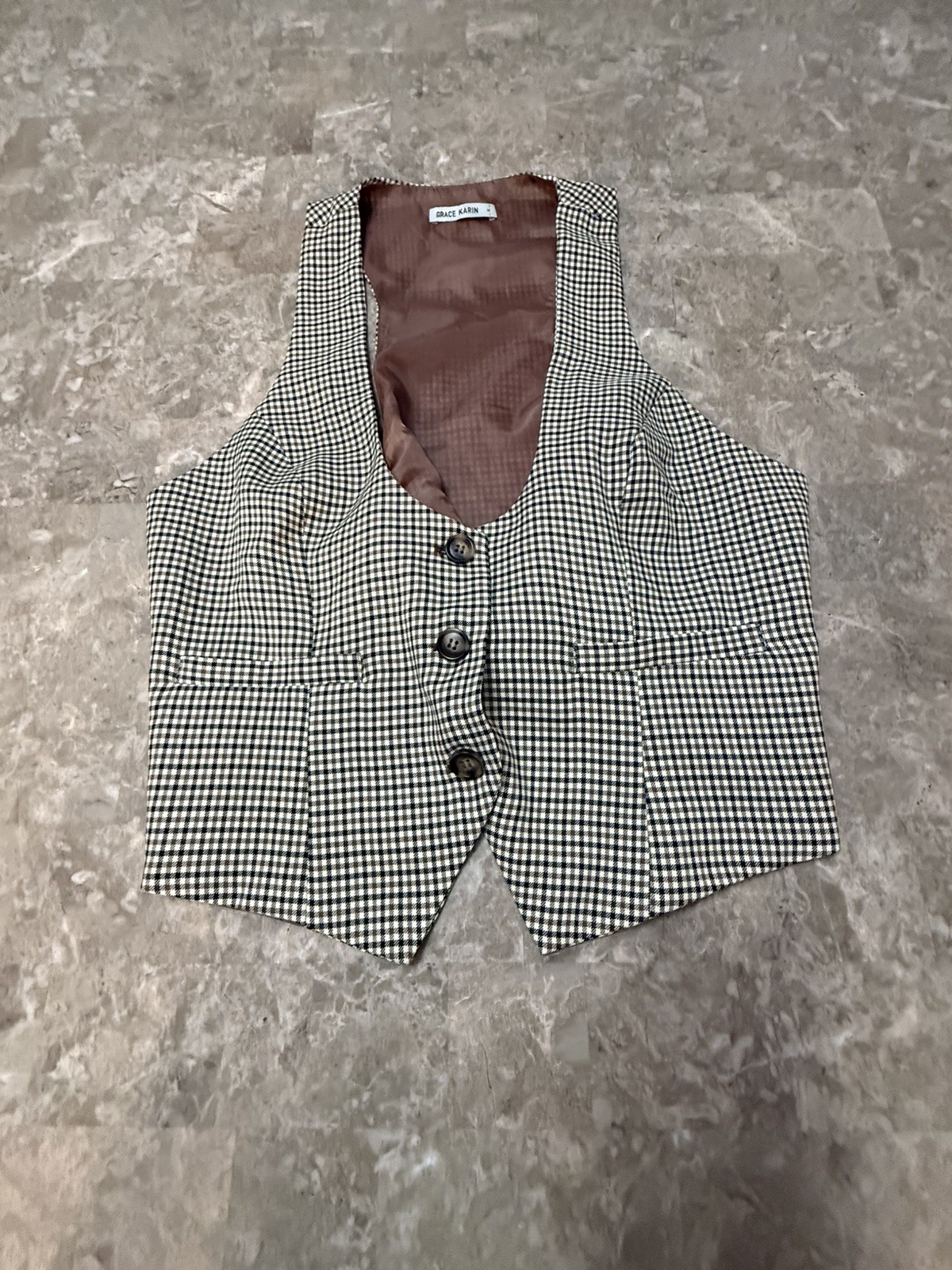Grace Karin Plaid Vest XL Preppy Checkered brown buckle lined button front