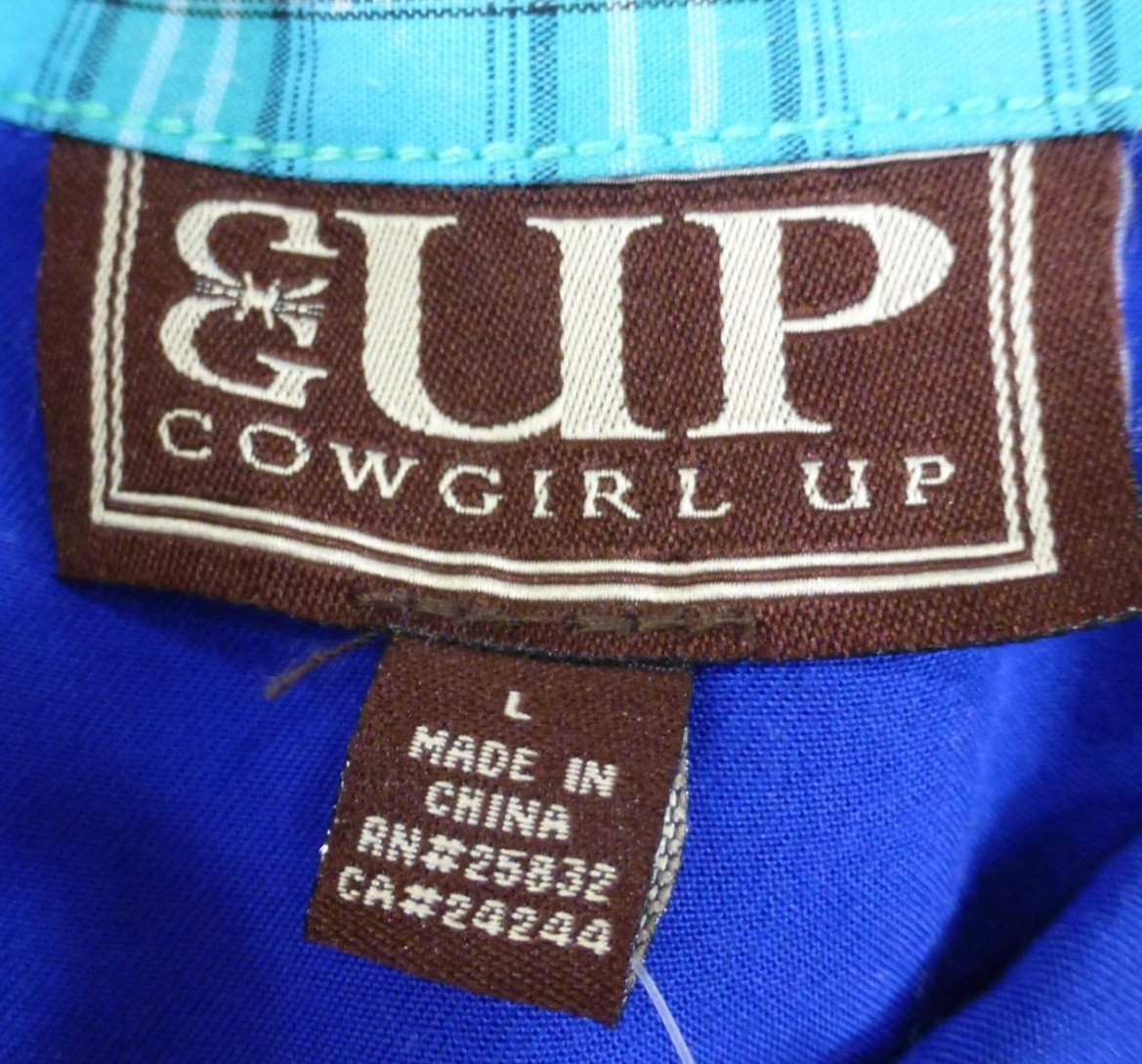 NWT Cowgirl Up Embroidered Yoke Western Jewel Embellished Shirt Blue Pinstripe L
