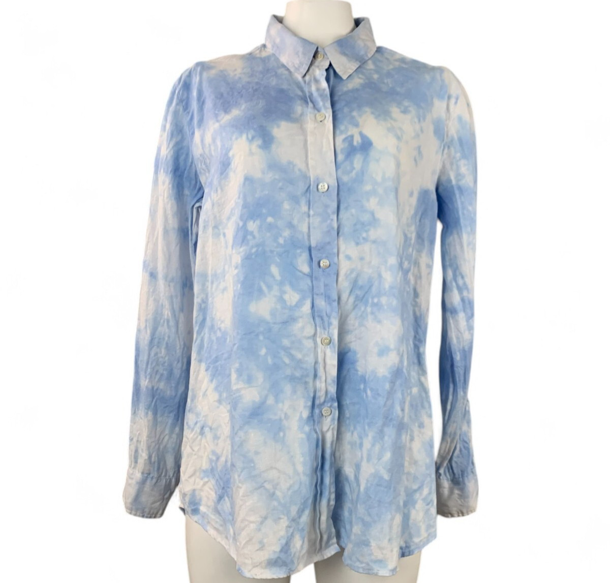Pure Amici Blouse Shirt Button Up Linen Tie Dye Long Sleeve Cloud Blue White L