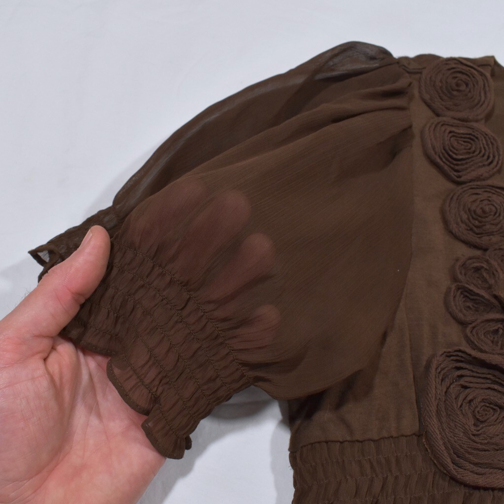 ECI New York Brown Chiffon Short Sleeve Babydoll Lined Blouse, Rosettes, Size 10