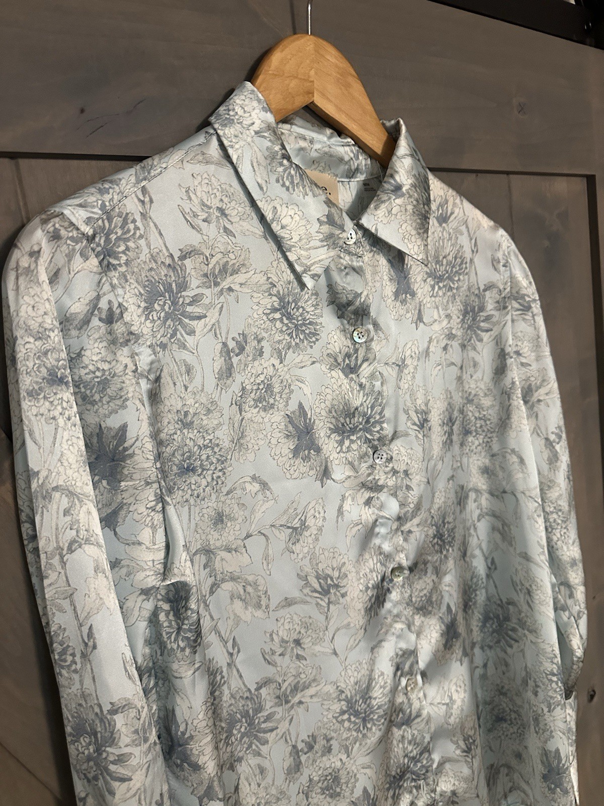 Elie Tahari Womens M Satin Long Sleeve Blue Floral Blouse Office Dressy Coquette
