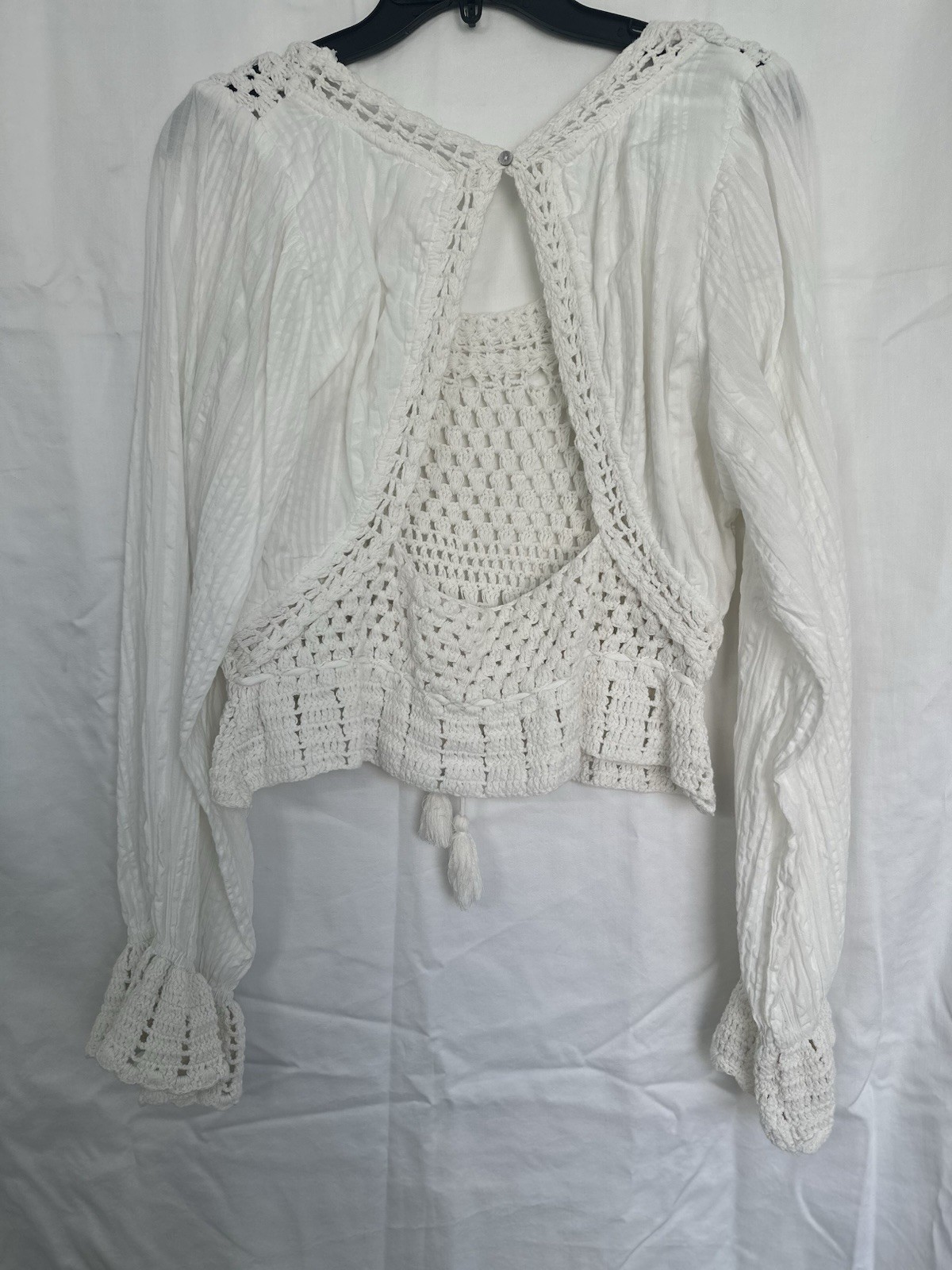 Free People White Solid Crochet Long Sleeve Open Front Tie Tassel Top Size L