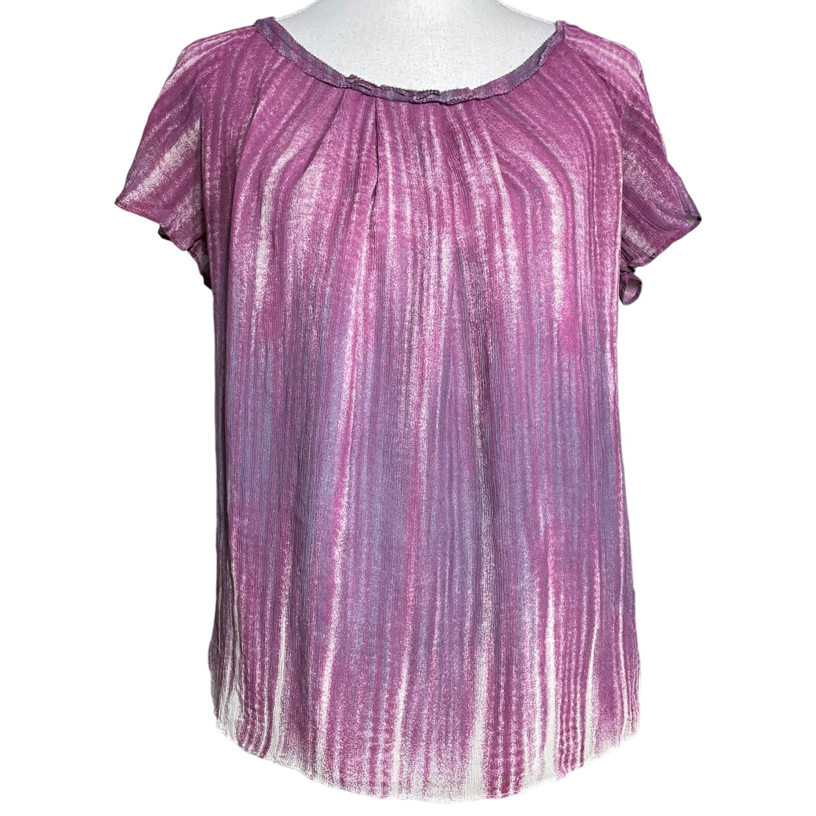 J Jill 100% Silk Top XS Purple Brushstrokes Painted Abstract Stripes Shirt