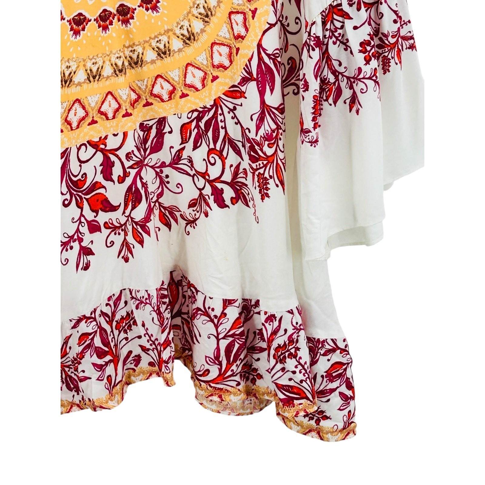 Robert Louis Boho Bell Sleeve Floral Tunic Top White Red Large