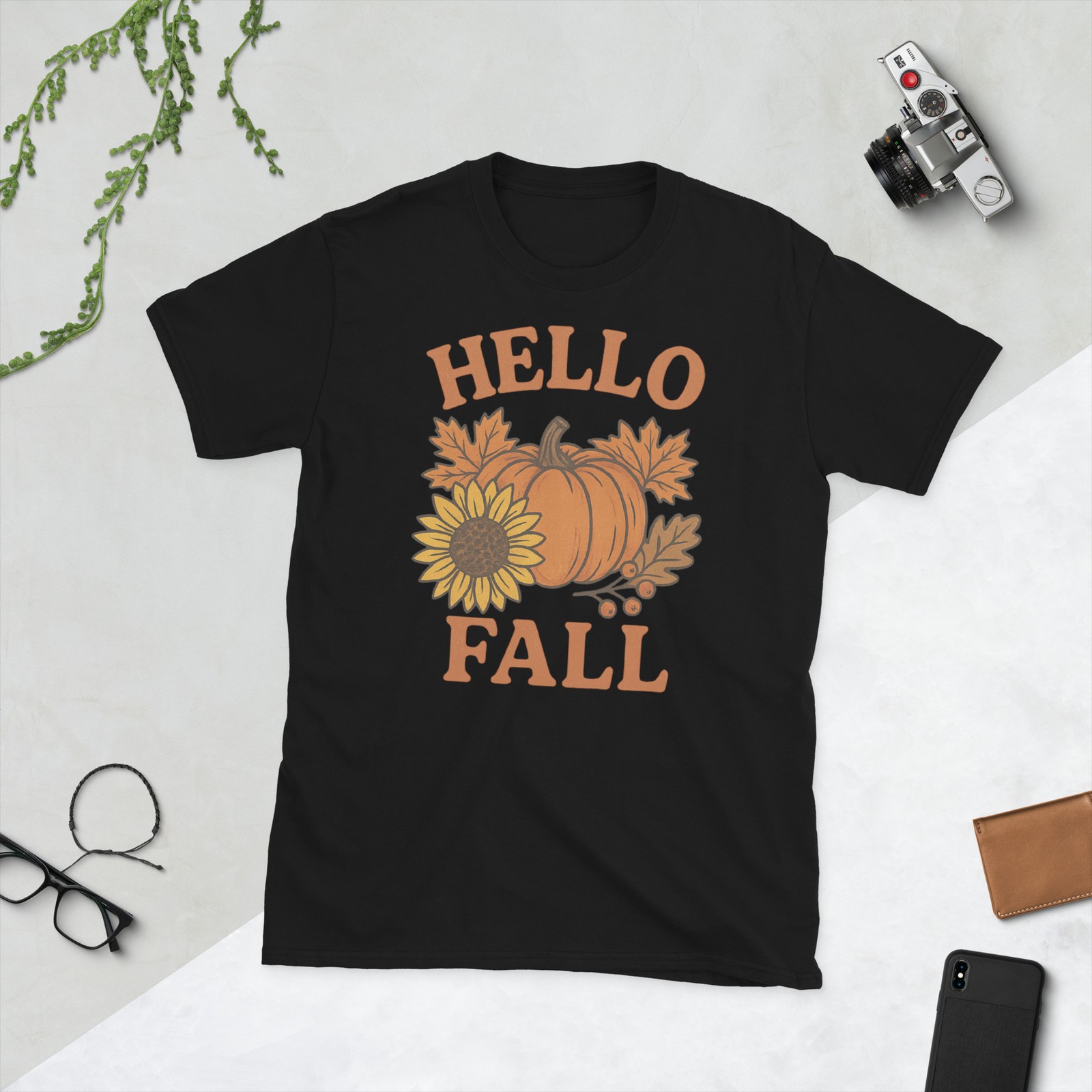 Hello Fall Pumpkin Shirt Autumn Leaves Unisex Tee Sunflower Harvest Vibes