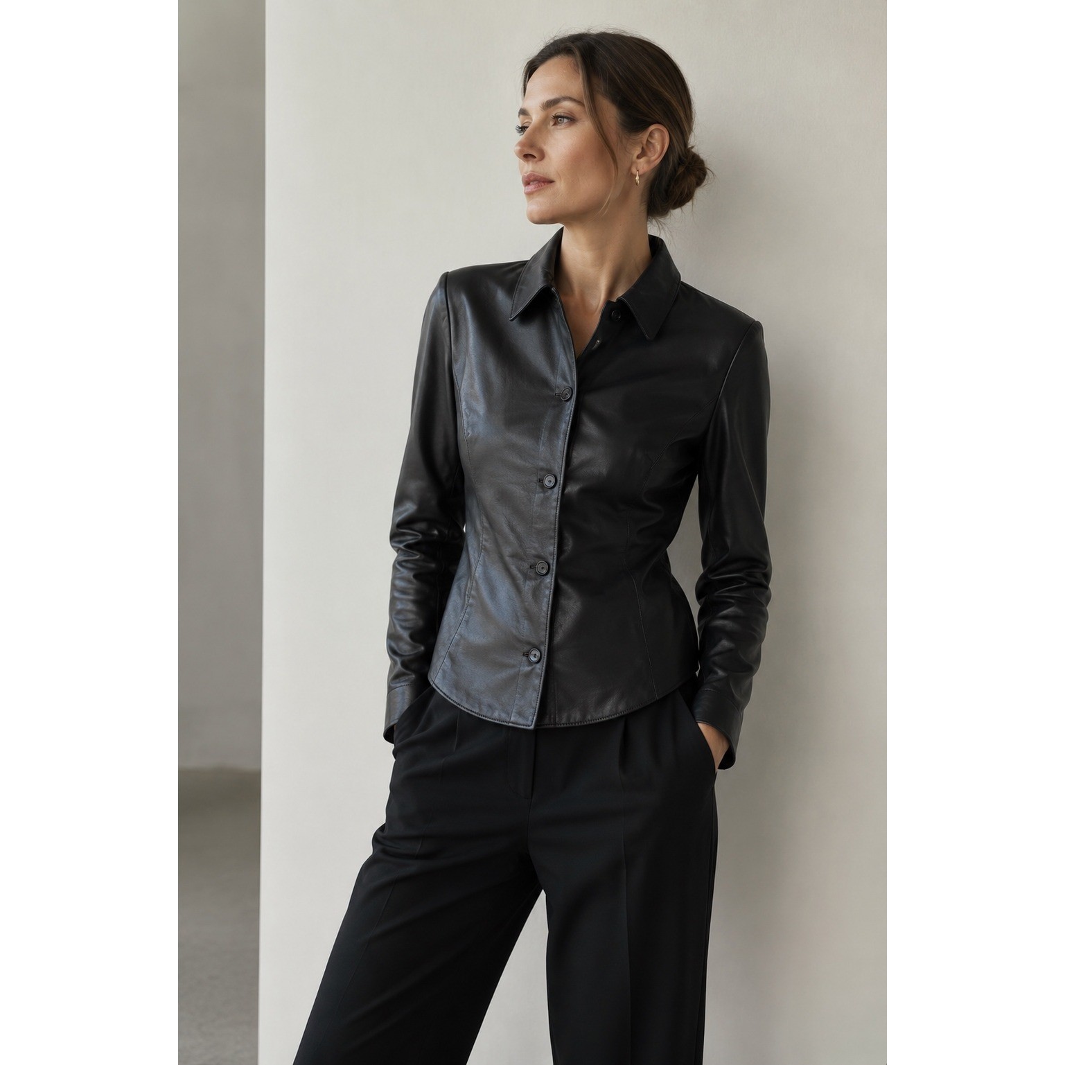 90’s Vintage Cortefiel Black Leather Button Up Shirt Small Grunge Minimalist