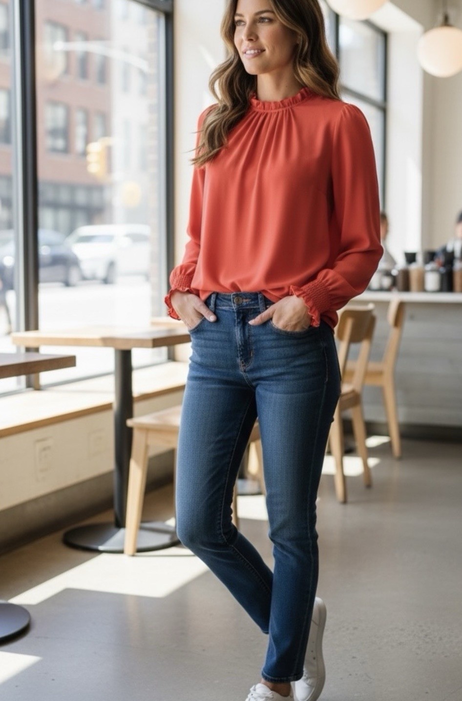Mock Neck Blouse Long Sleeve Ruffle Smocked Solid Orange Knit Button M