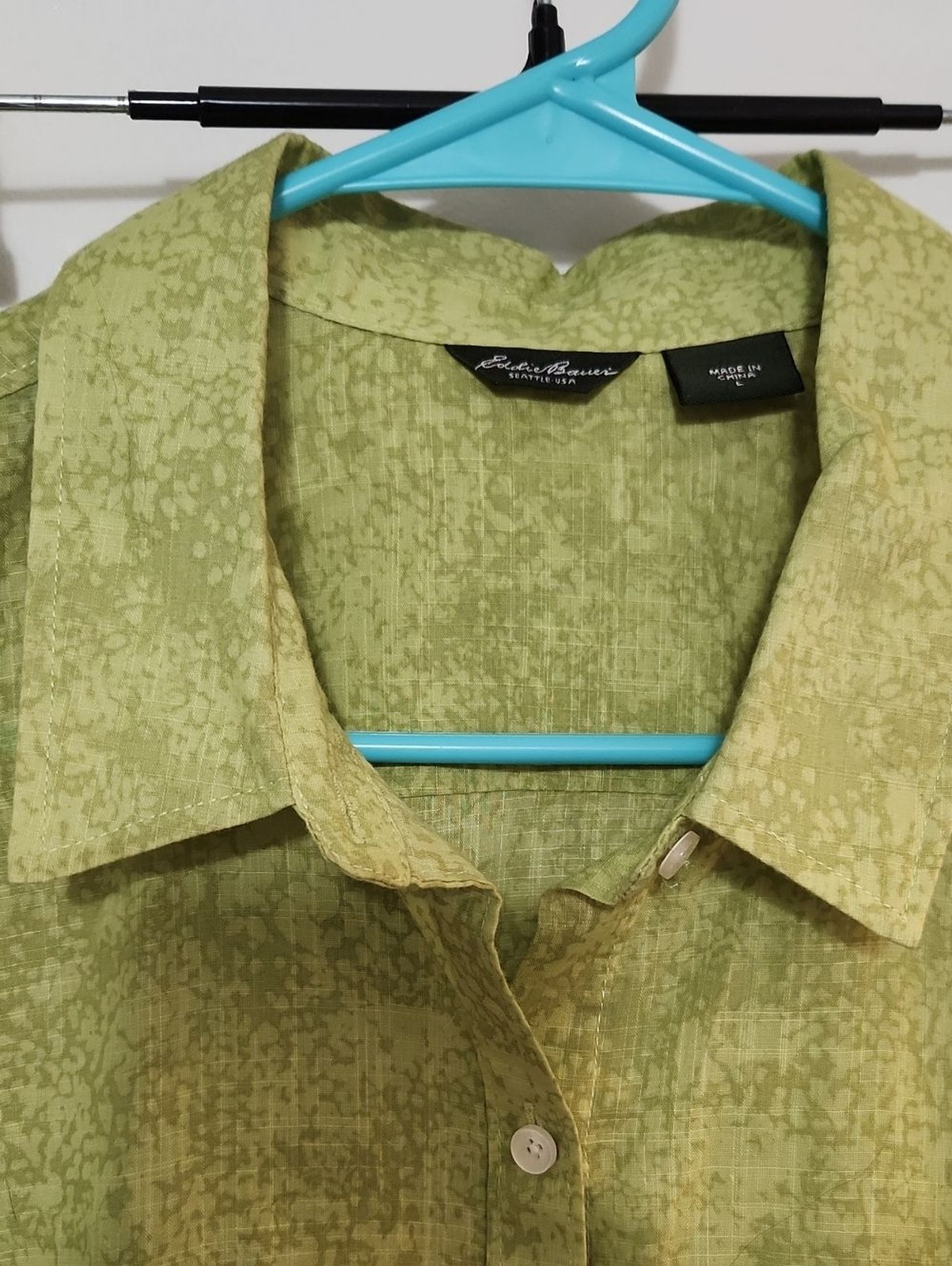 Eddie Bauer Women’s Green Summer Office Button-Up Blouse Shirt Sz L 100% Cotton