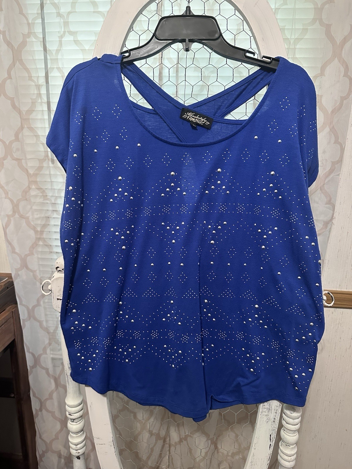 Women’s Blue Short Sleeve Blouse with Silver Metal Accents
