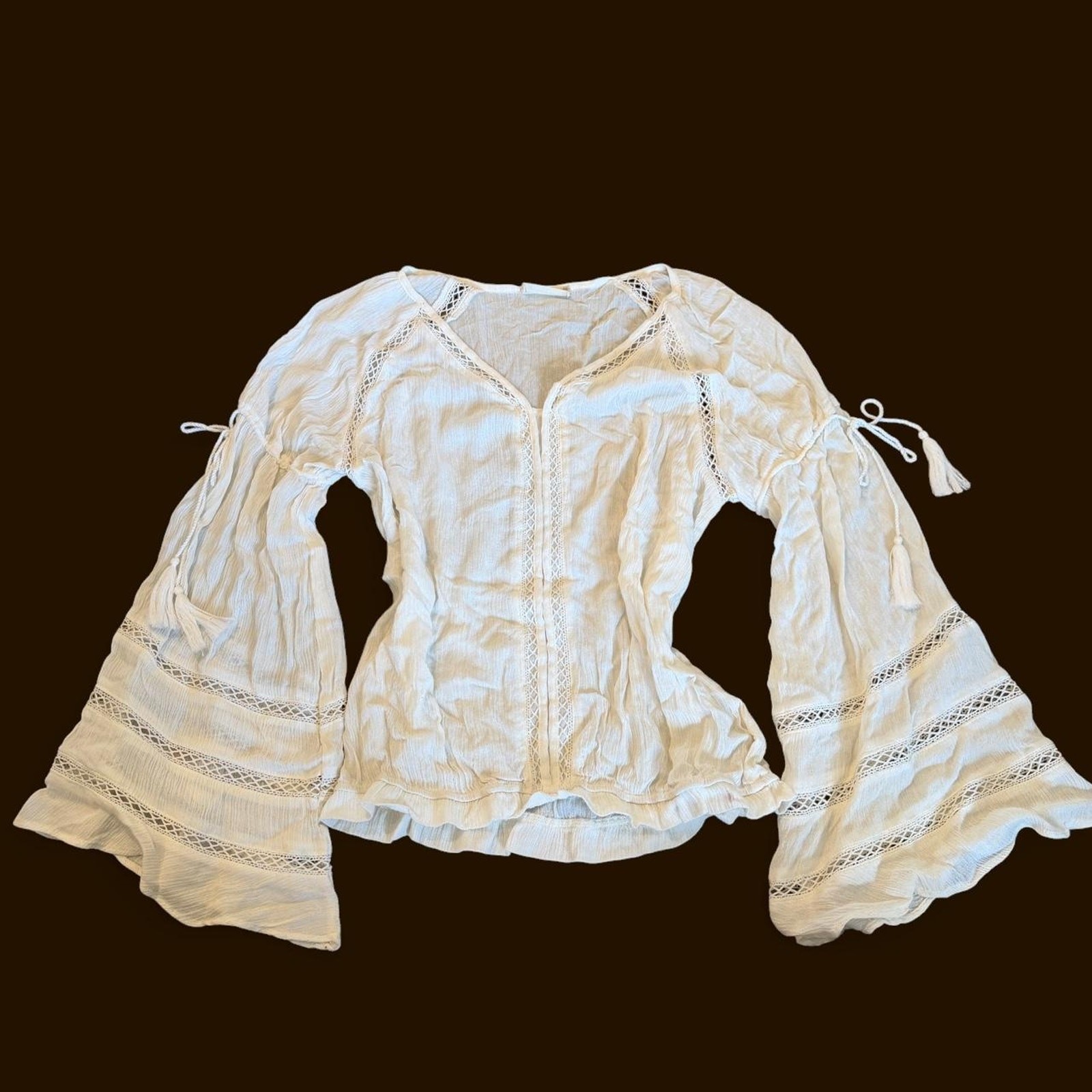 Altard State Vtg Style Boho Ivory Rayon Lace Bell Sleeve Pirate Blouse Size S/M