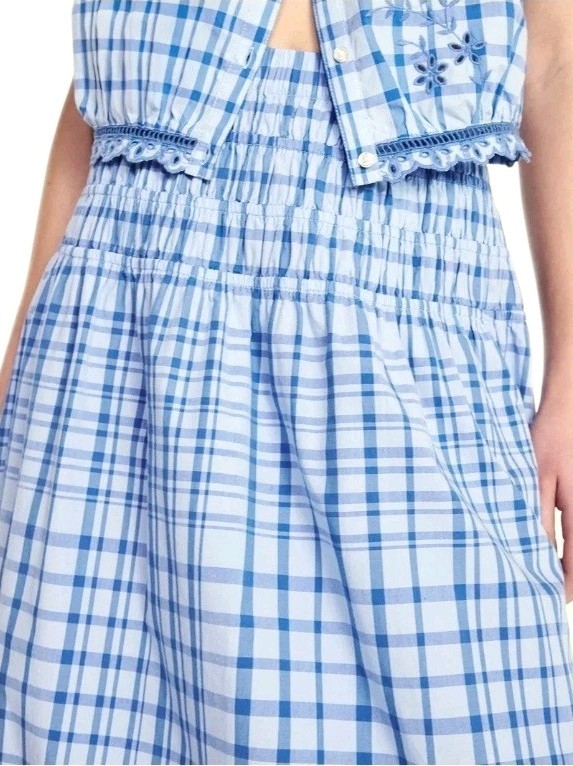 Free Assembly Embroidered Woven Cropped Top & Smocked Skirt Set Blue Women’s S