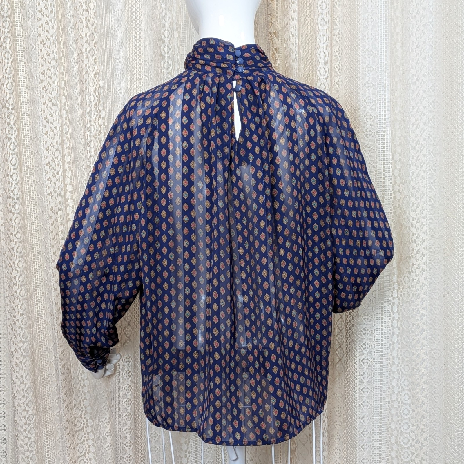 Vtg 80s Tess Petites Sheer Edwardian Purple Gold Jewel Silky Shimmer Blouse sz L