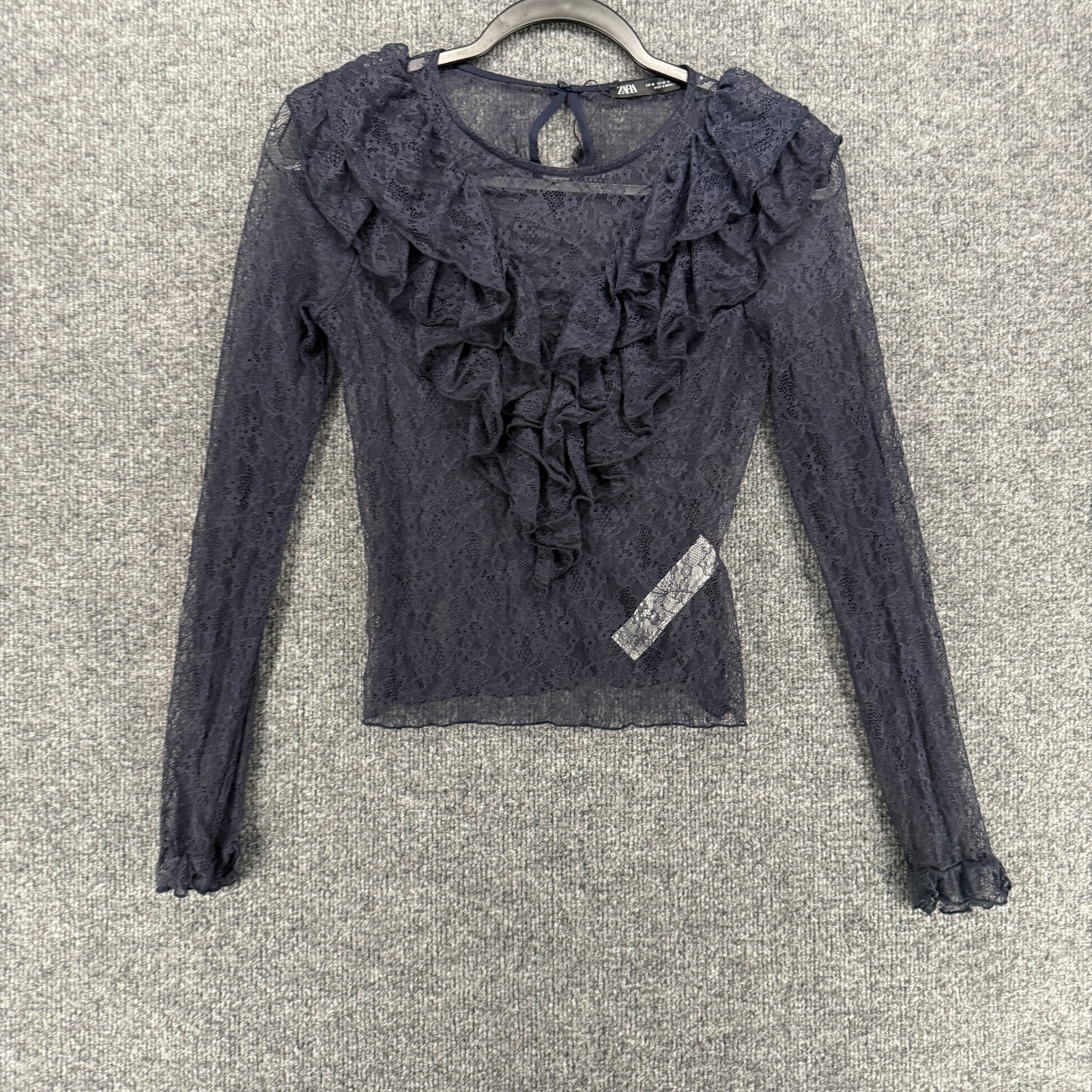 ZARA Top Womens M Blue Sheer Lace Ruffle Fitted Vamp Whimsigoth Fairy Grunge