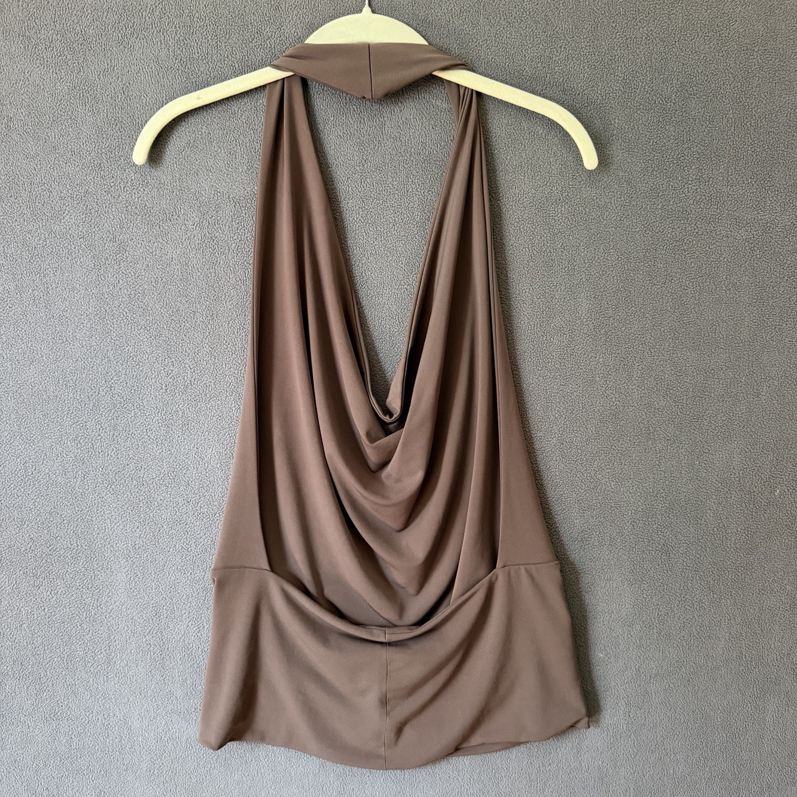 Vtg Vamp Y2K Top Womens 10 Taupe Cowl Halter Cutout Back Slinky Sexy 00s 90s