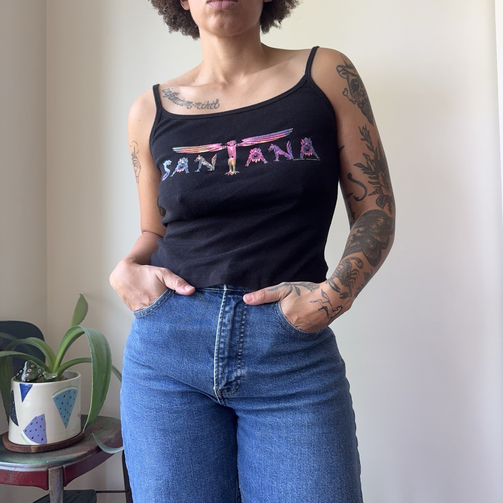Vintage Santana Tank Top Shirt 2002 Band Singer Music Black Cotton Medium