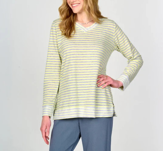 Fresh Produce large daffodil gray $72 Ana v neck stripe tunic top nwt new l