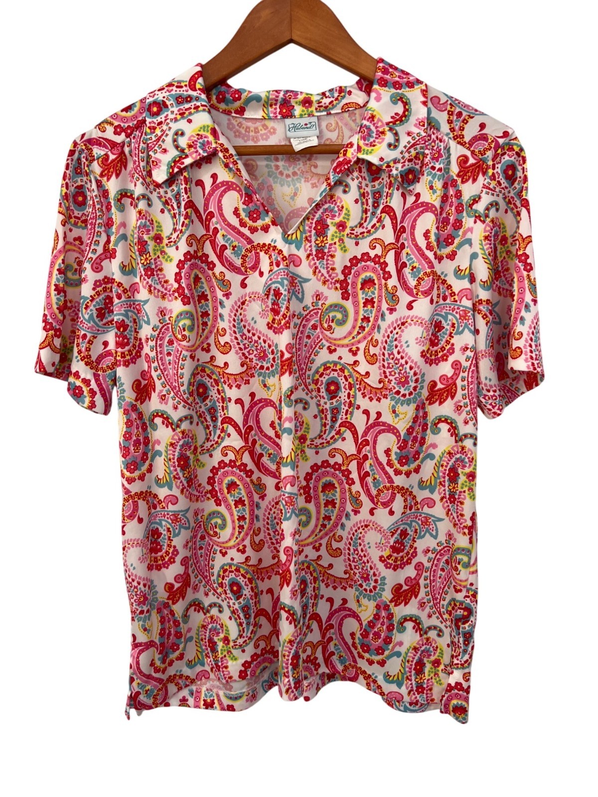 Vintage Haband Short Sleeve Polo Top Size Large V Neck Polo Pink Multicolor Boho
