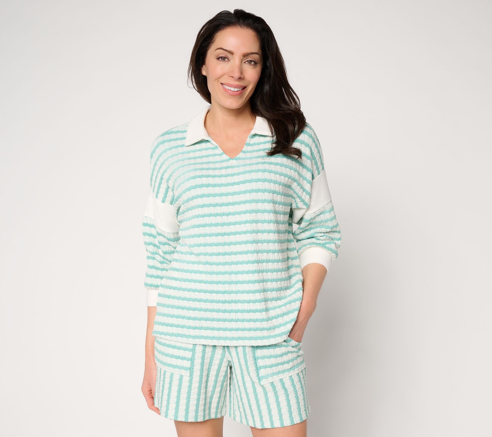 Anybody Textured Stripe Knit 3/4 Sleeve Collared Top Seafoam L New