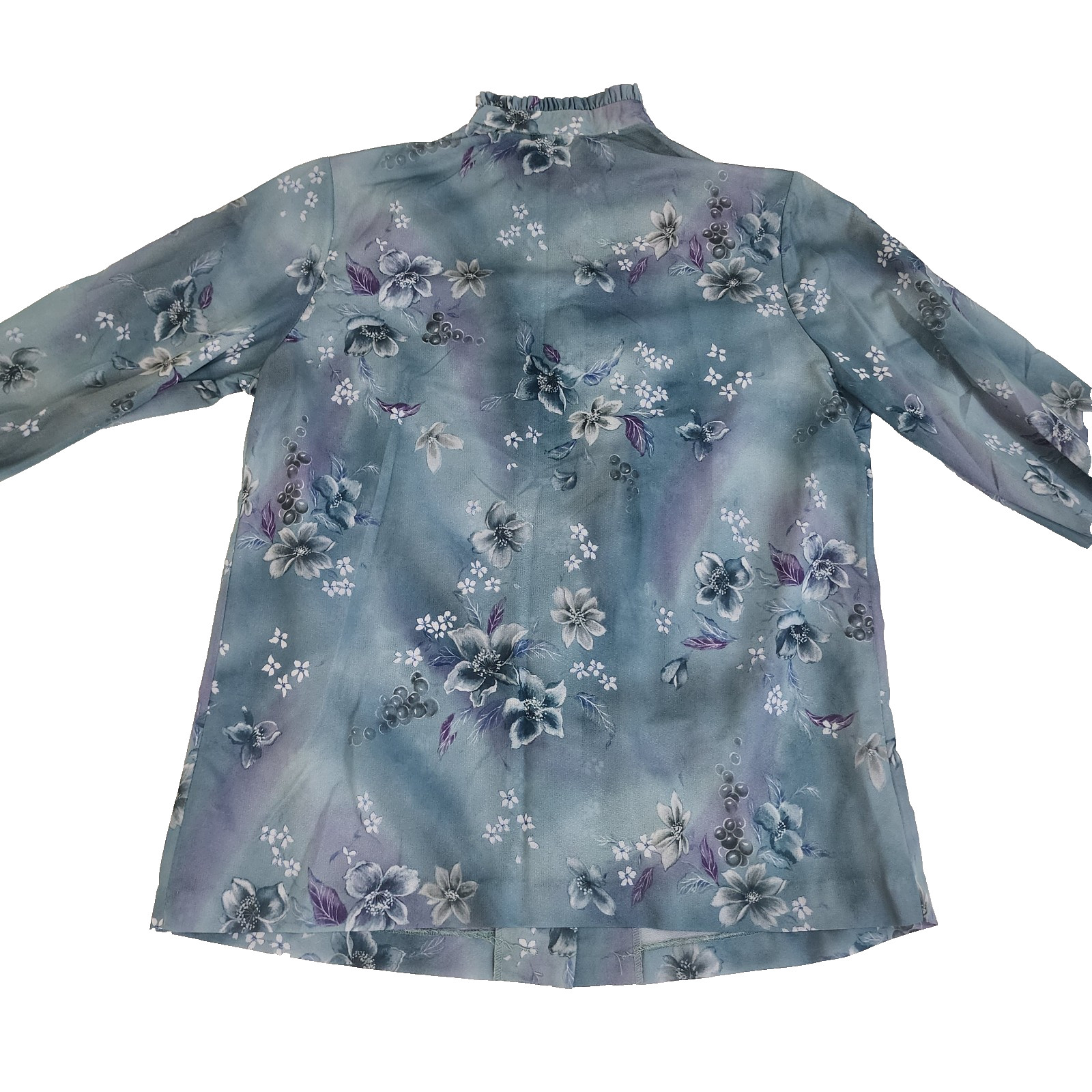 Vintag Blouse Top SIZE LARGE Blues Ruffle Neck 70s 80s Ruffle Cuffs Floral #1540