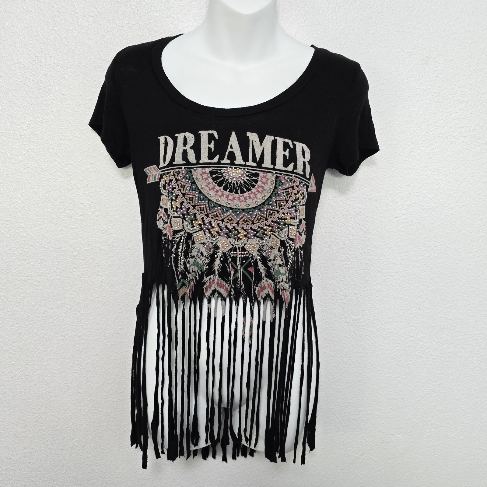 Dreamer Dreamcatcher Fringe Muscle Gray Tee W Rhinestones Sz Medium Stretchy Top