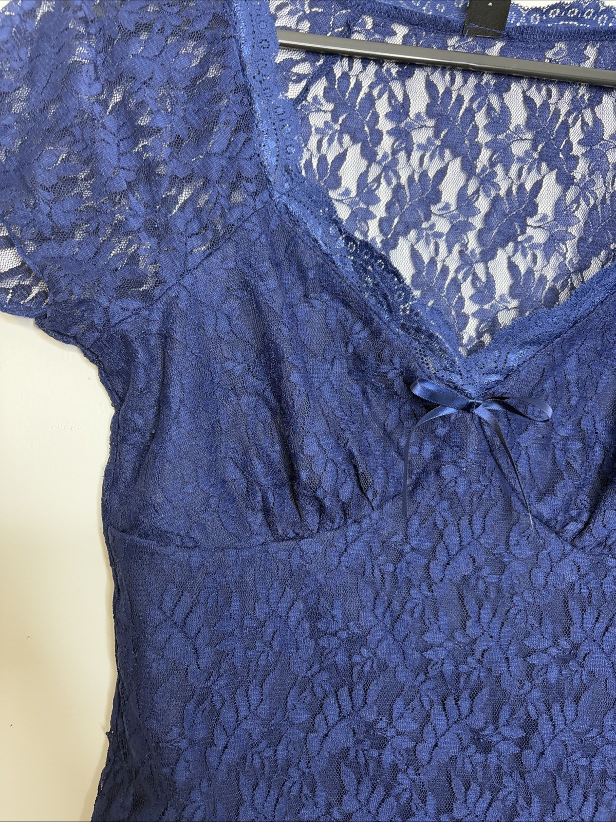 Womens Top Medium Lace Babydoll Sheer Sleeves Lined Lightweight Blue Feminine