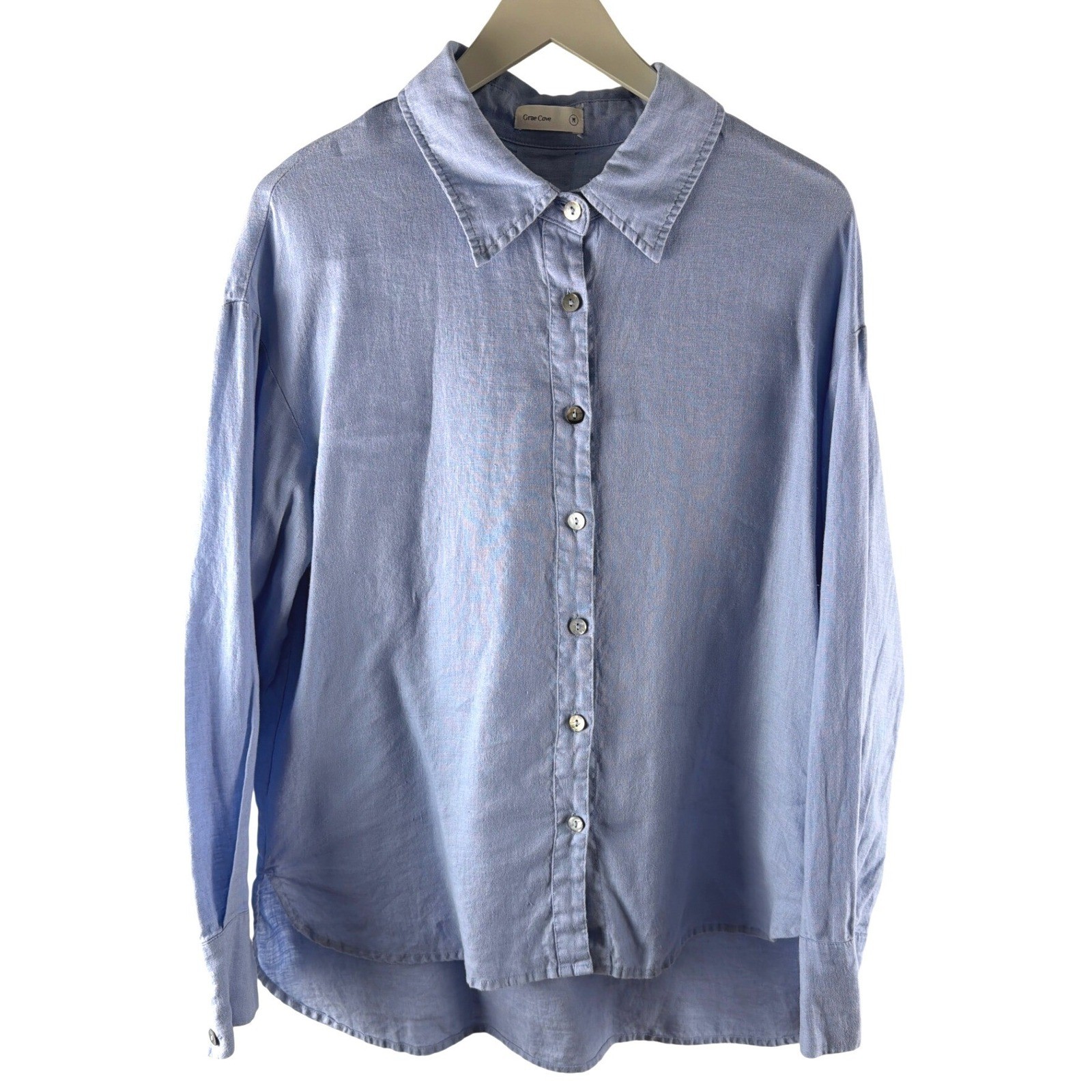 Grae Cove Light Blue 100% Linen Button Down Blouse Long Sleeve Oversized Medium