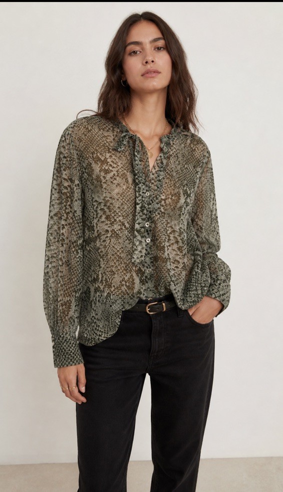 Zara Women’s XS Snake Print Sheer Blouse W Tie Neck Lightweight Animal Print
