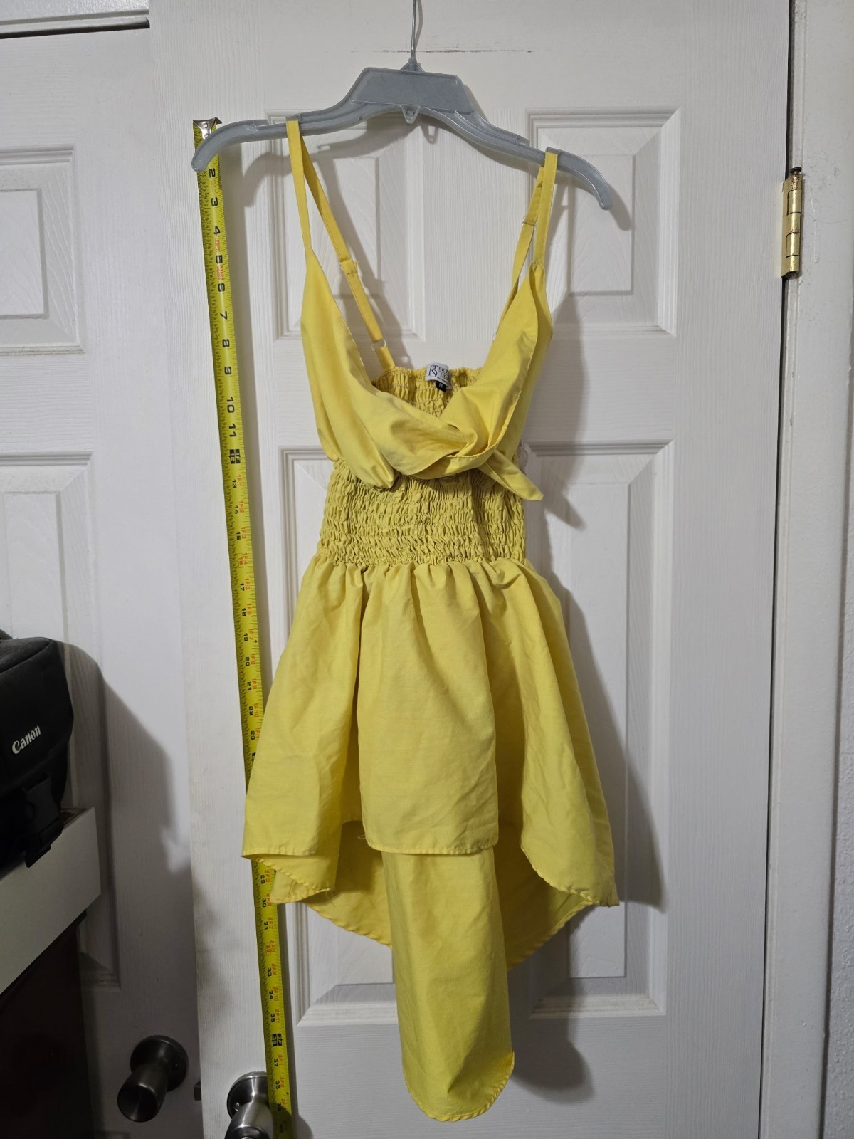 Rich Silks Design High Low Blouse Yellow Rooshed Tie Chest Womans Medium Summer