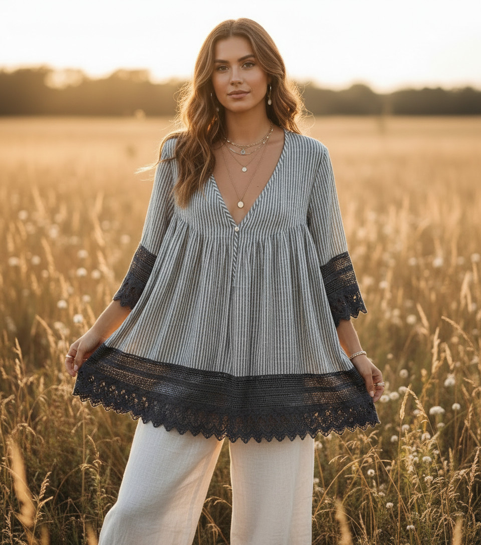 V Cristina Top Gray Stripe Lace Crochet Boho Cottage Indie Artsy Whimsigoth Sz S