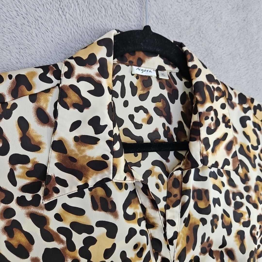 Agora Women Short Sleeve Cheetah Top Satin Soft Blouse Pearlized Buttons Sz XL
