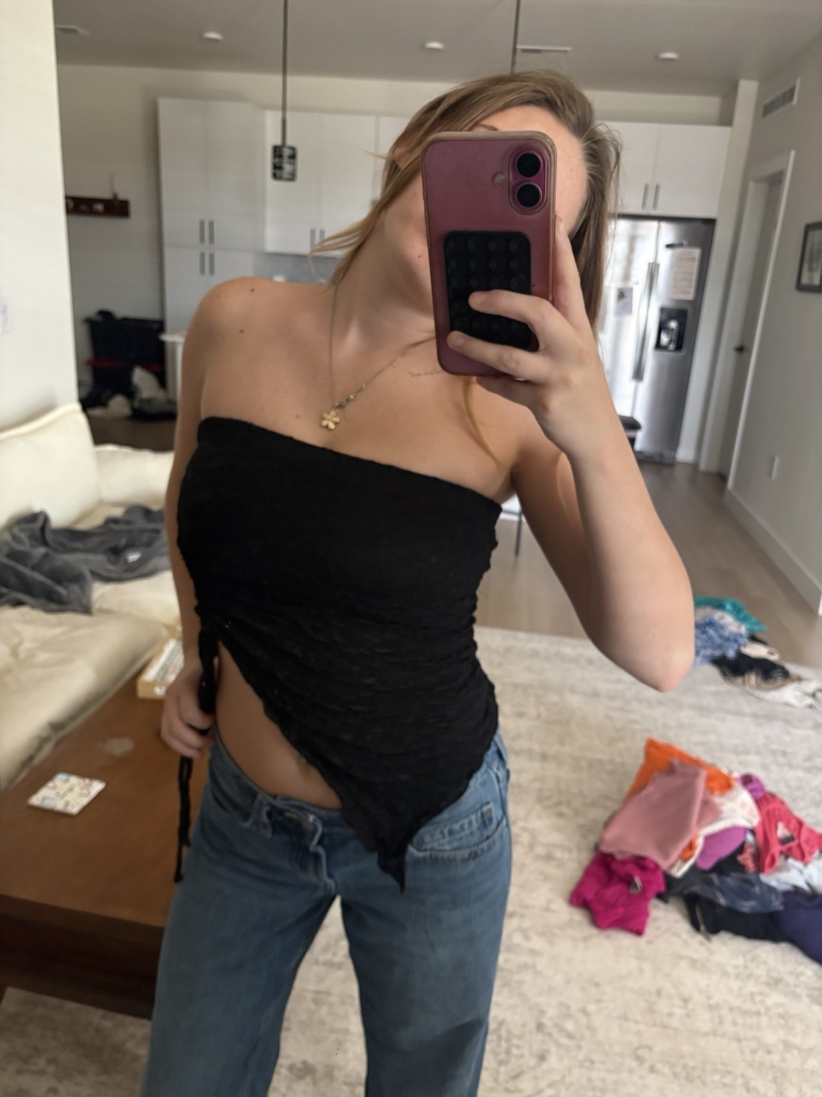 Women’s XS Black Solid Strapless Ruched Drawstring Asymmetrical Tube Top