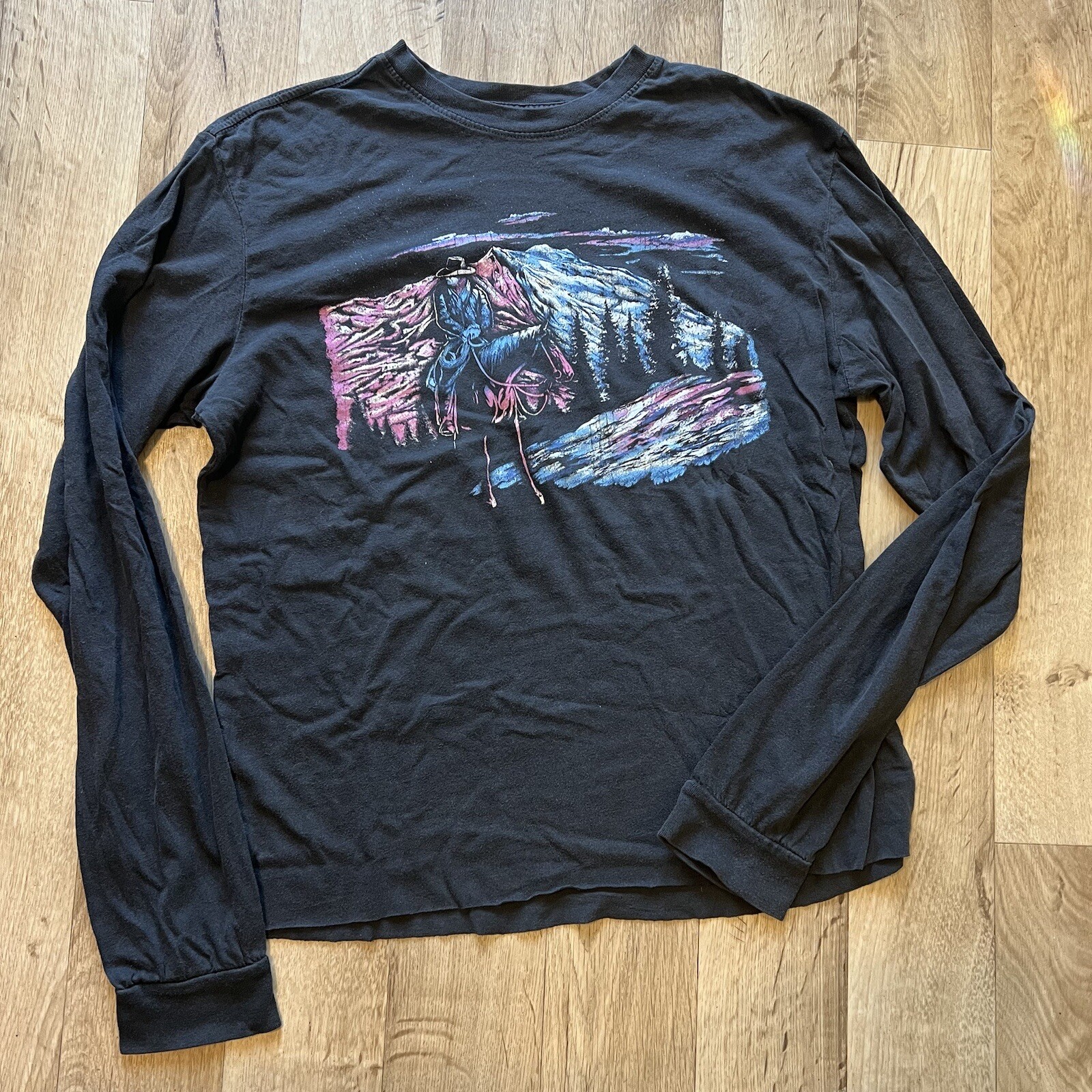 American Highway Long Sleeve Western Cowboy Horse Mountain Graphic Tee Shirt S