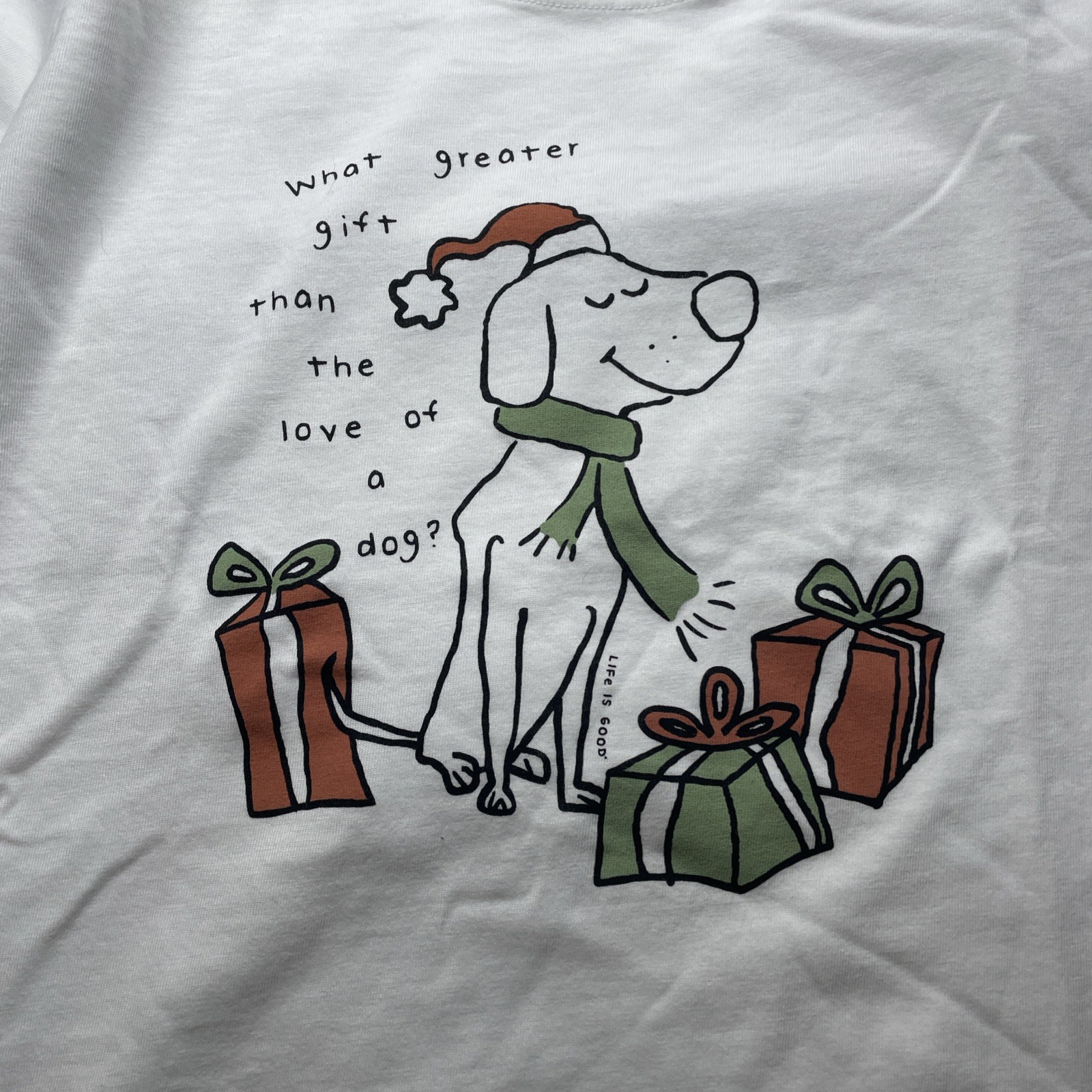 life is good womens large Crusher Graphic Tee, Dog, Christmas