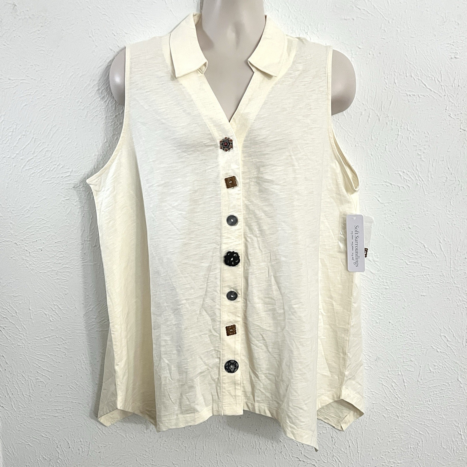 NWT Soft Surroundings Whisper White Danielle Button Sharkbite Hem Tank Top 1X