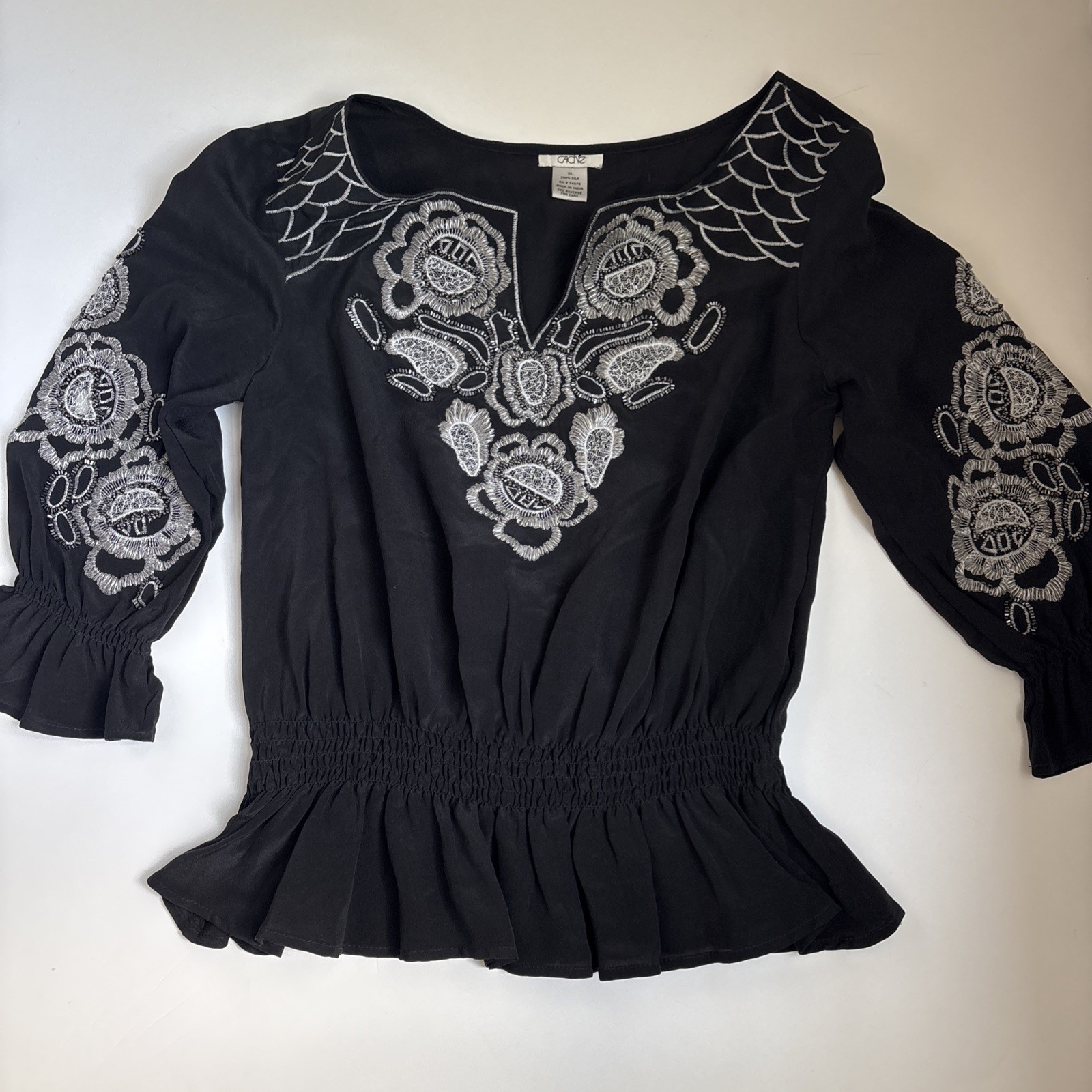 CACHE Black Embroidered Silk Top Size XS PERFECT CONDITION