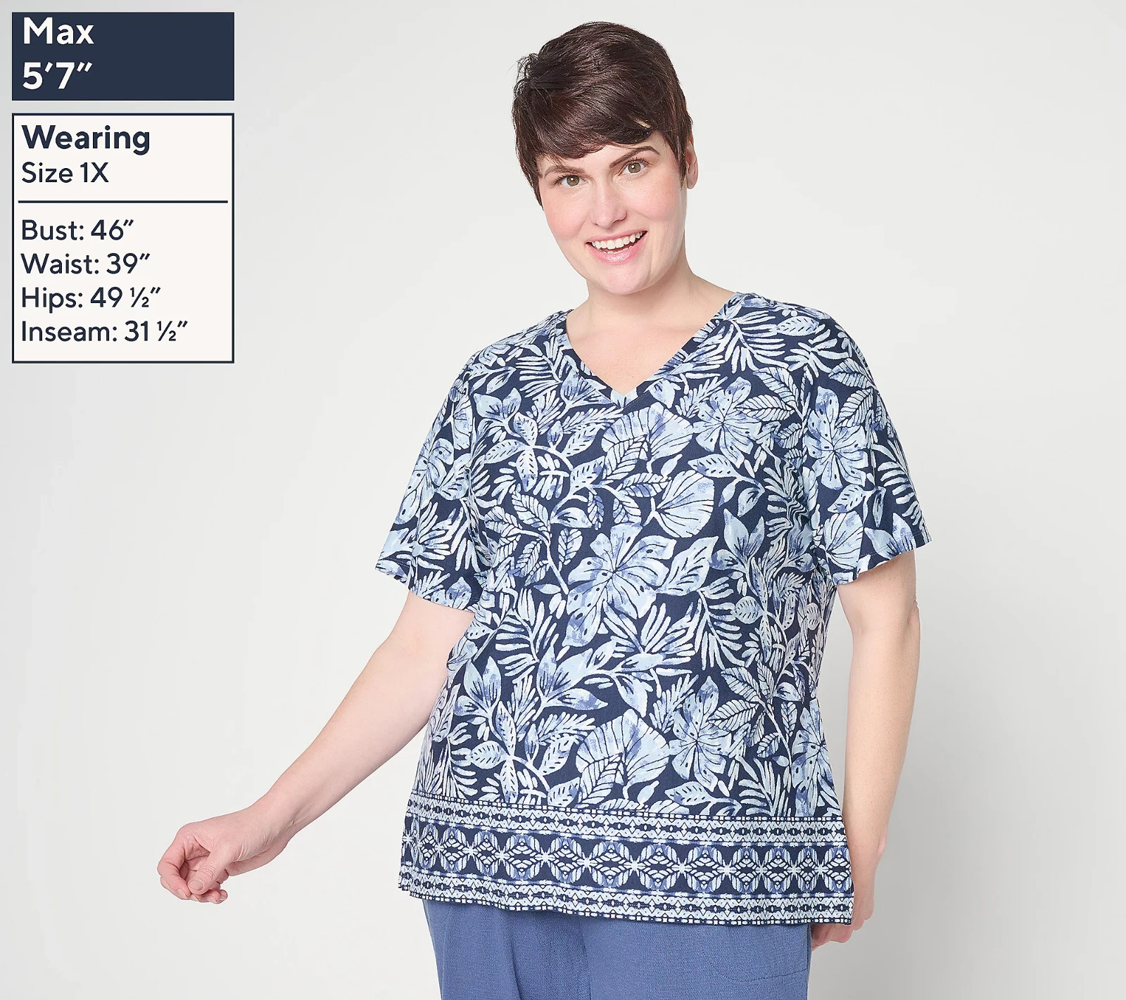 Denim & Co. Beach Jersey Solid & Printed Short Sleeve Top Ind/Palm/DstyBlu X-Lg