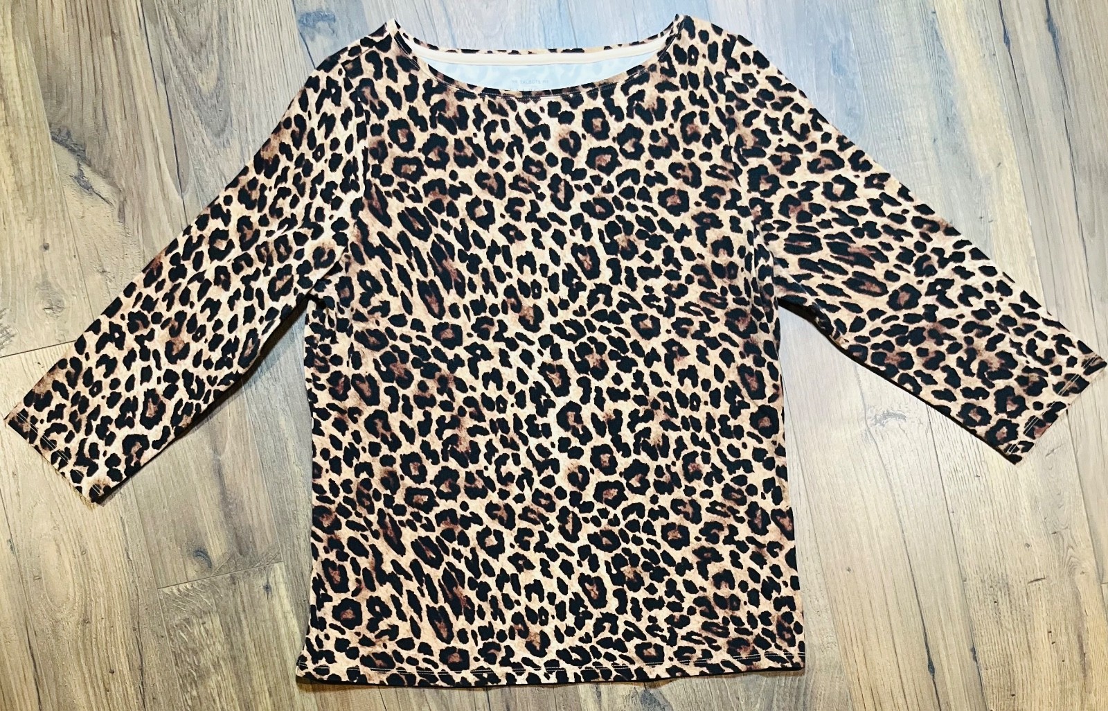 Talbots Leopard Print Boat Neck 3/4 Sleeve Tee Brown Cheetah Blouse Sz Large VG