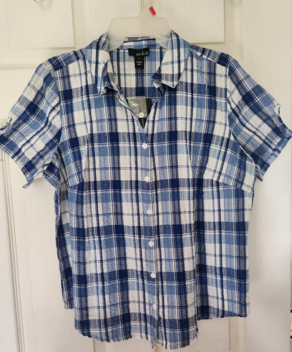 Erika Women’s Button Down Blouse Blue And White Plaid Small S Crinkle Fabric NWT