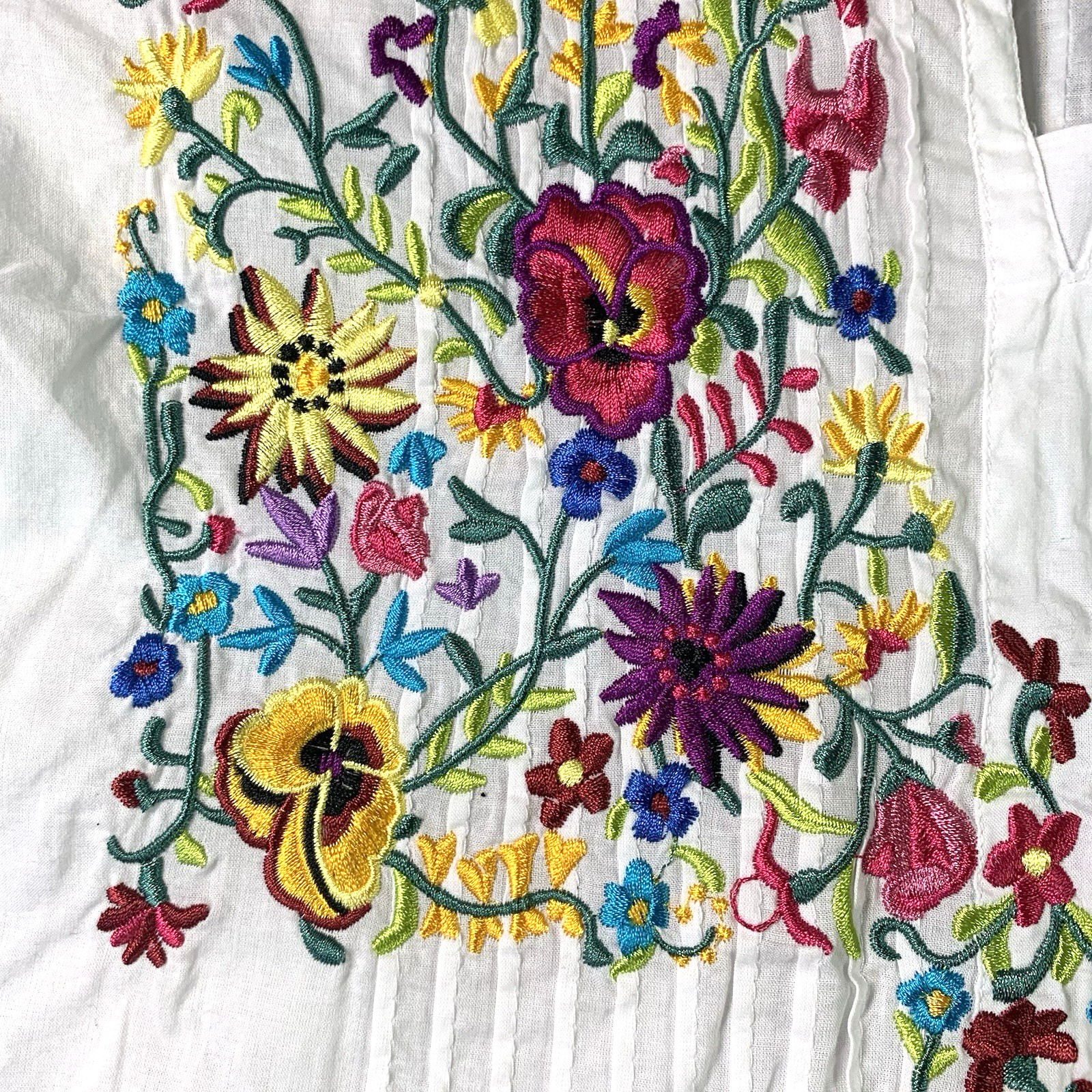Embroidered Peasant Tunic Top Womens L Dressbarn White All Cotton Pleated Floral