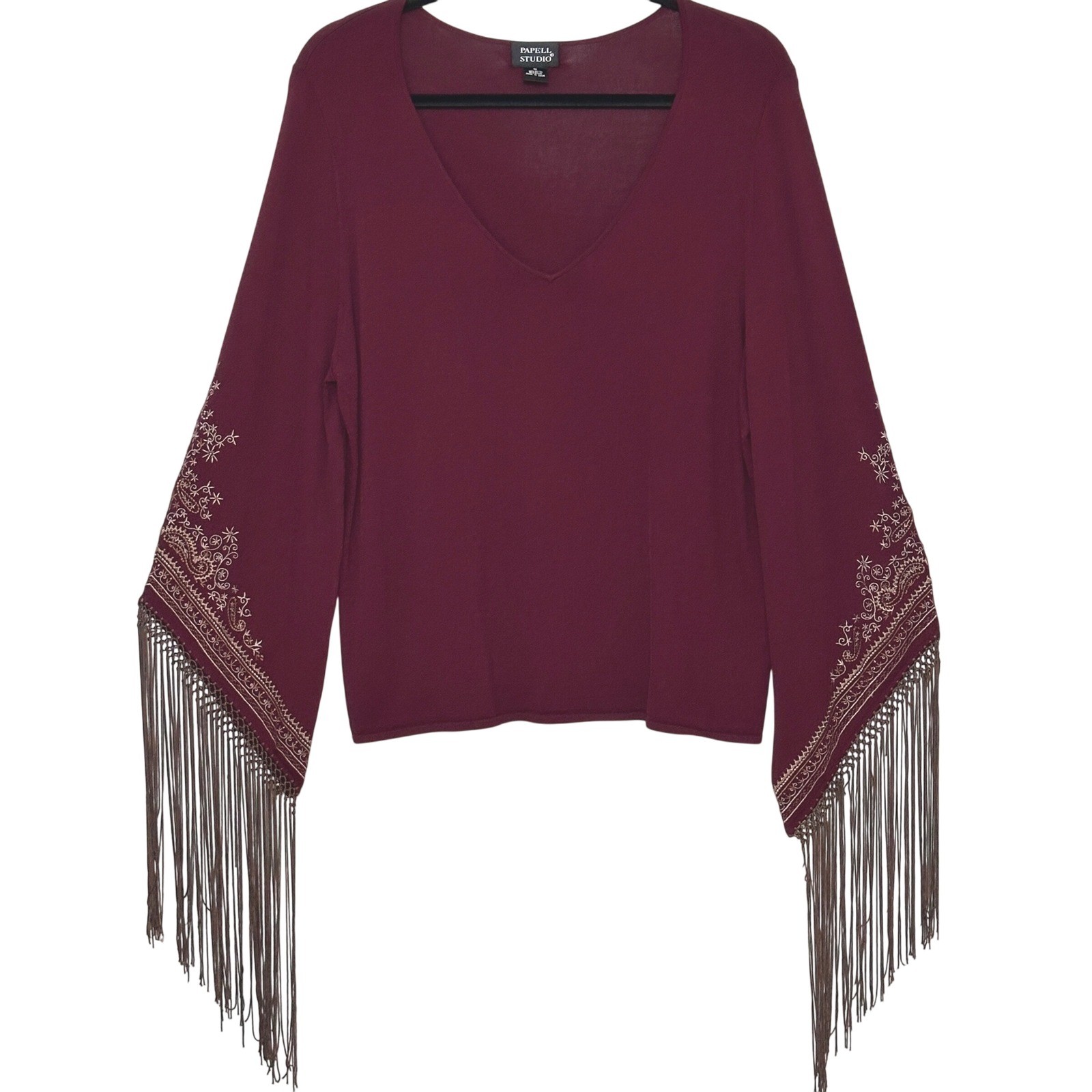 Papell Womens Sweater Top Plus 1X Burgundy Bell Fringe Embroidered Boho Cowgirl