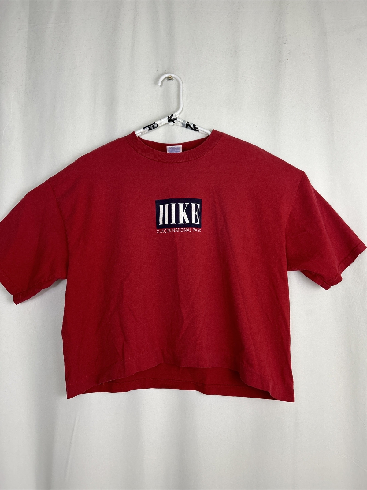 Vintage Womens Large Red Cropped T Shirt Short Sleeve Hike Glacier National Park