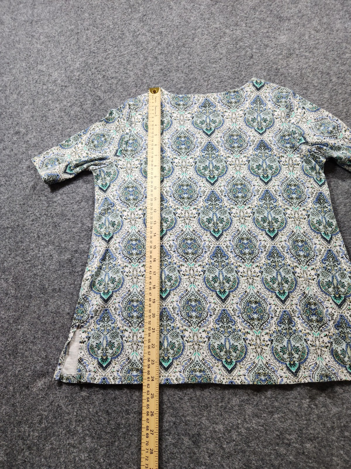 J JILL Top Women Small Petite White Blue Green Paisley Pima Slub Scoop Neck Slit