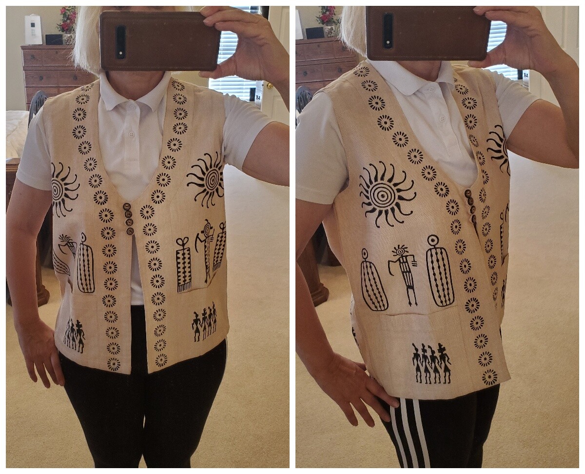 VTG Venus Imports Ivory Raw Cotton Black Primitive Print, Nepal Vest Sz.S