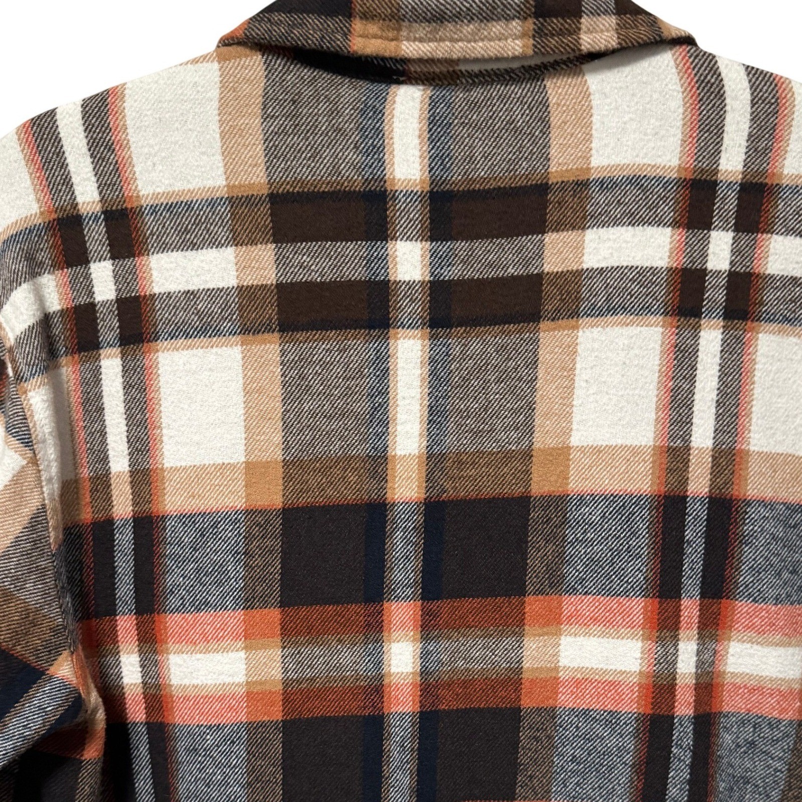 Womens Plaid Flannel Shirt Jacket BeachLoungeLunch Orange Brown White