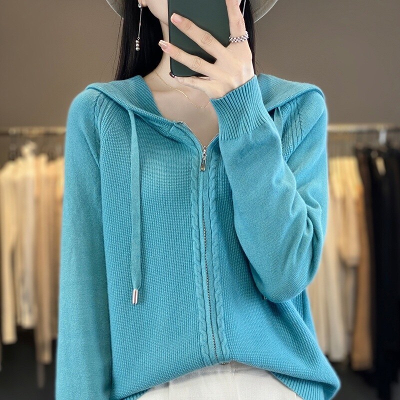 Women Tops Coat Sweater Hoodie Knitted Cardigan Hooded Casual Zipper Cashmere