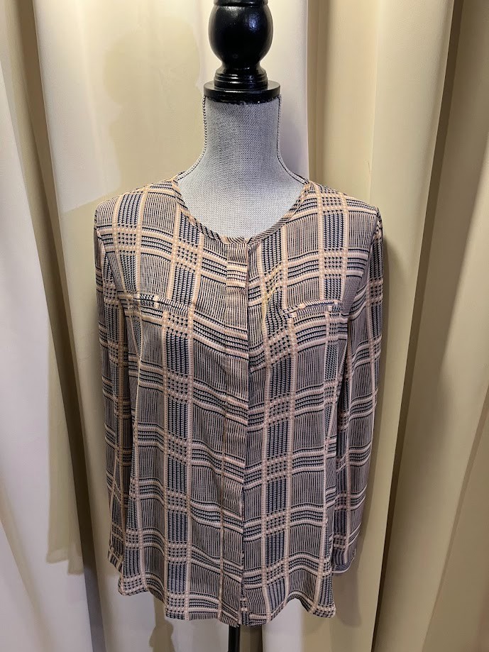 Ovi Beige and Black Plaid Long Sleeve Blouse Size L